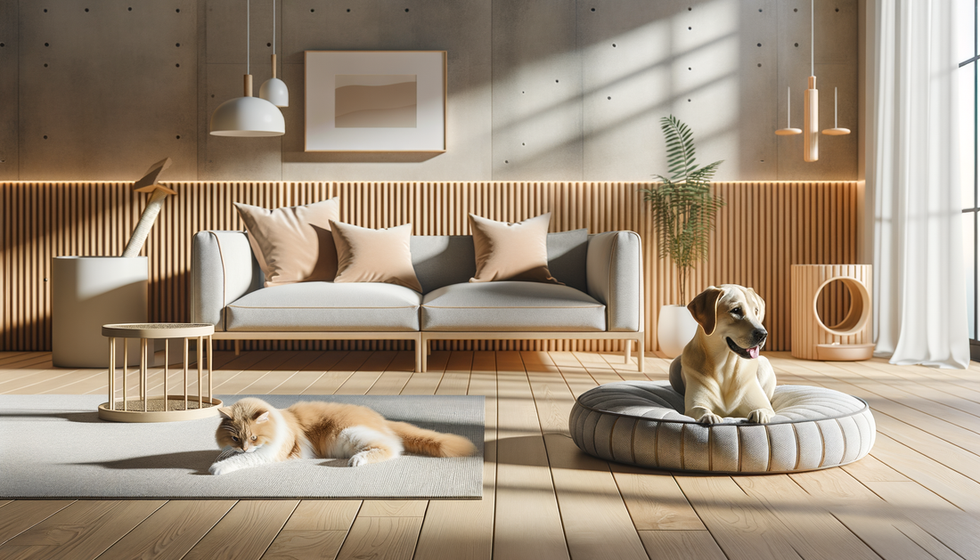 dog and cat lounging with stylish pet accessories in a bright, cozy living room