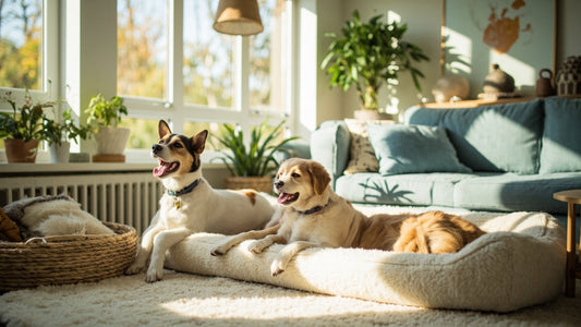 cat and dog relax together on soft pet bed with stylish accessories in bright room