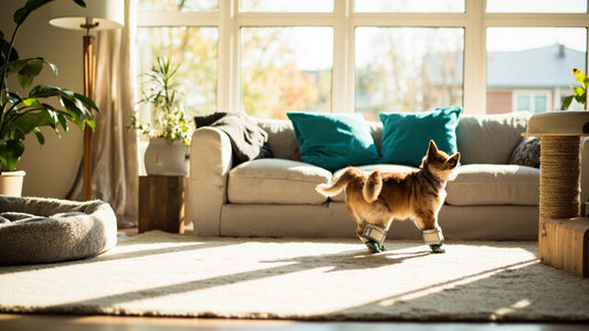 modern living room with happy pets using stylish, comfortable accessories in soft natural light
