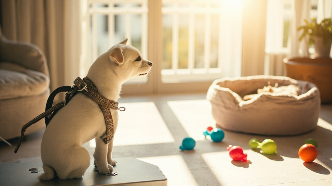 modern pet accessories in a cozy sunlit room with a dog and cat relaxing