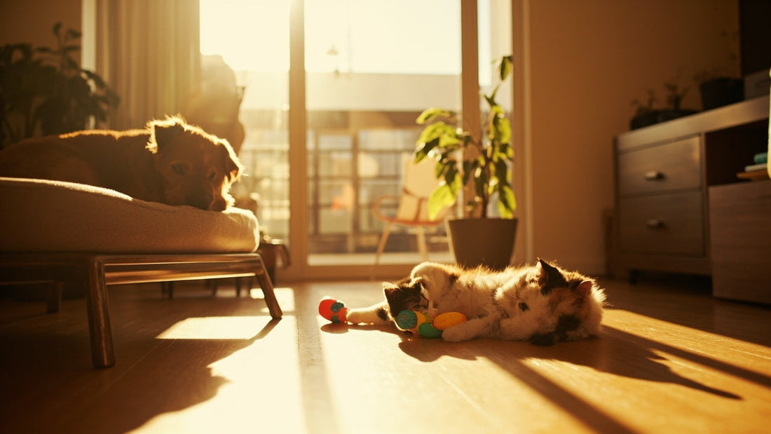 dog and cat relaxing on stylish pet accessories in a bright, cozy home setting