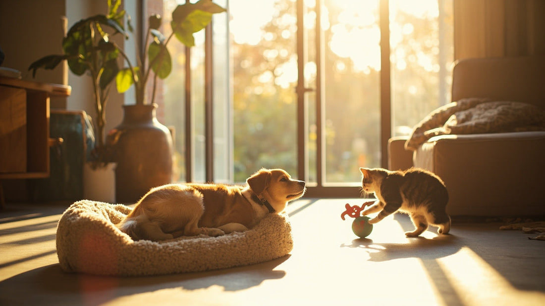 dog lounging on soft pet bed and cat playing in a bright modern room