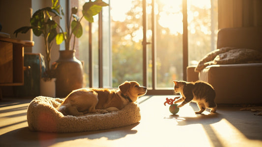 dog lounging on soft pet bed and cat playing in a bright modern room