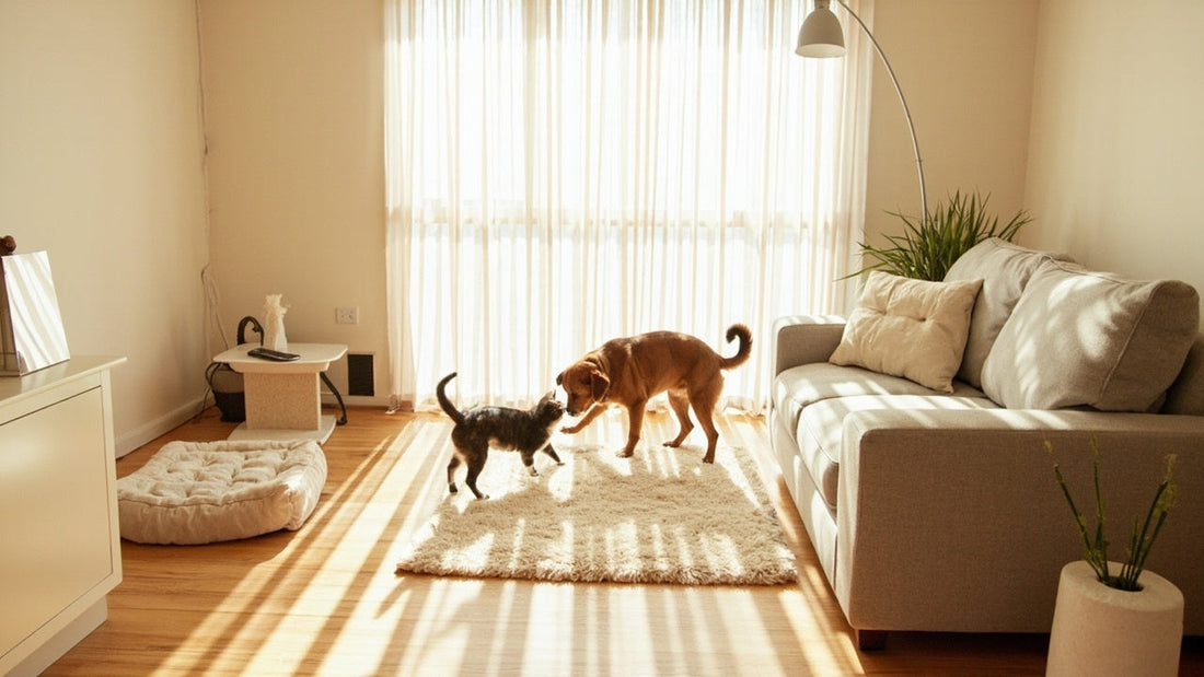 cozy living room with pets enjoying stylish, modern accessories in soft sunlight