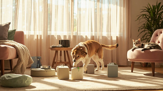 dog and cat enjoying stylish, comfortable pet accessories in a bright, cozy room