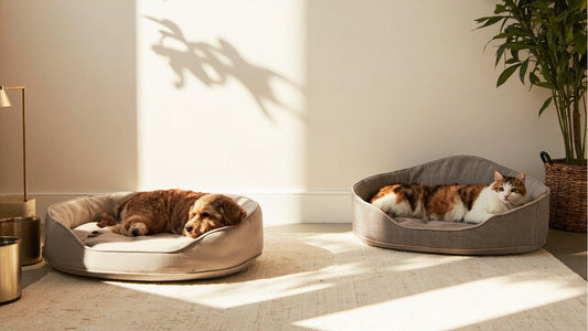 dog and cat relaxing together on stylish pet beds in a bright, modern room
