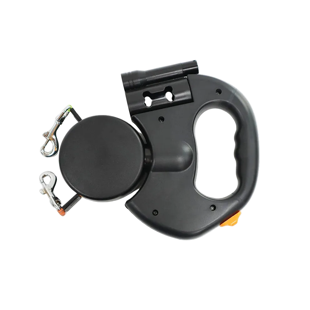 Double retractable dog leash with flashlight